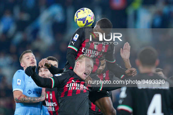 Pierre Kalulu of AC Milan during the Serie A match between SS Lazio and AC Milan at Stadio Olimpico, Rome, Italy on 24 January 2023.  