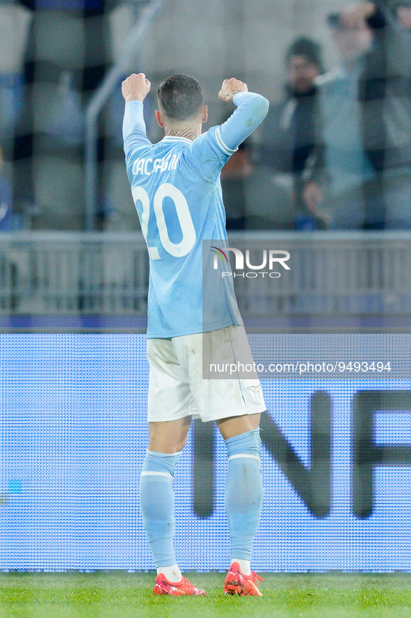 Mattia Zaccagni of SS Lazio celebrates after scoring second goal during the Serie A match between SS Lazio and AC Milan at Stadio Olimpico,...
