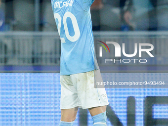 Mattia Zaccagni of SS Lazio celebrates after scoring second goal during the Serie A match between SS Lazio and AC Milan at Stadio Olimpico,...