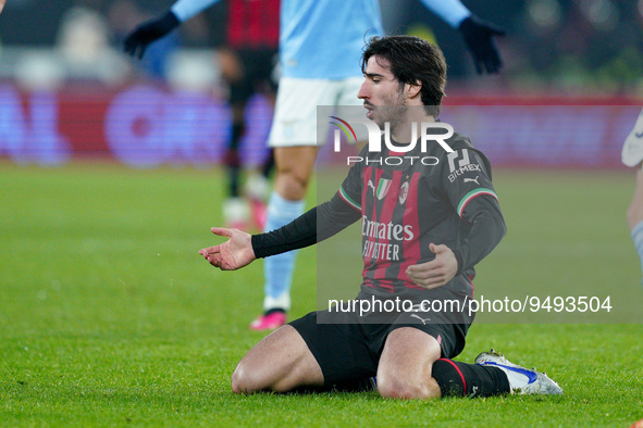 Sandro Tonali of AC Milan looks dejected during the Serie A match between SS Lazio and AC Milan at Stadio Olimpico, Rome, Italy on 24 Januar...