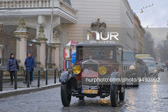 LVIV, UKRAINE - JANUARY 21, 2023 - A Ukrainian-Polish crew set off from Lviv to Monte Carlo on a vintage car to take part in the opening of...
