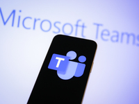 The Microsoft Teams logo is seen in this photo illustration in Warsaw, Poland on 25 January, 2023. Several Microsoft services were unable to...