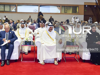 Sheikh Khalid bin Khalifa bin Abdul Aziz Al Thani (C)Prime Minister of Qatar and Minister of the Interior and Ahmed Aboul Gheit (L) Secretar...