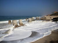 Sewage flows straight into the Mediterranean Sea, central Gaza Strip, on January 25, 2023.  (