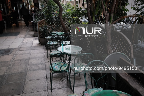 Empty tables of a coffee shop due to low temperatures in Athens, Greece on January 25, 2023. 