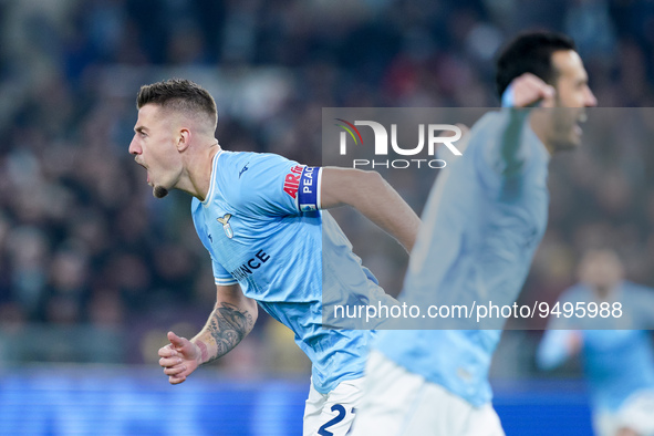 Sergej Milinkovic-Savic of SS Lazio celebrates after scoring first goal during the Serie A match between SS Lazio and AC Milan at Stadio Oli...