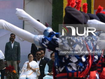 

Kolkata Police RAF are marching past and West Bengal Chief Minister Mamata Banerjee is looking on during the Republic Day parade in Kolkat...