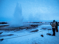 Strokkur is seen erupting in the Geysir Geothermal Area during the winter season in Iceland, on January 23, 2023.  (