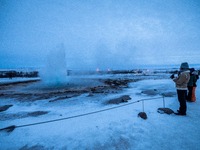 Strokkur is seen erupting in the Geysir Geothermal Area during the winter season in Iceland, on January 23, 2023.  (