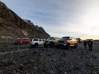 Super jeep in the Vatnajokull Glacier National Park in Vatnajökull, Iceland, on January 26, 2023. -Vatnajokull glacier, spelled Vatnajökull...
