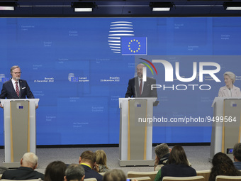 Prime Minister of the Czech Republic Petr Fiala talks at a joint press conference with President of the European Commission Ursula von der L...
