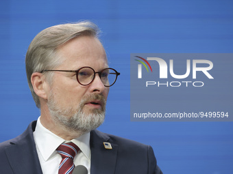 Prime Minister of the Czech Republic Petr Fiala talks at a joint press conference with President of the European Commission Ursula von der L...