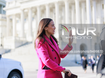 U.S. Representative Alexandria Ocasio-Cortez (D-NY) greets people before speaking about border policies outside of the U.S. Capitol in Washi...