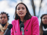U.S. Representative Alexandria Ocasio-Cortez (D-NY) speaks about border policies outside of the U.S. Capitol in Washington, D.C. on January...