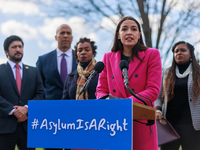 U.S. Representative Alexandria Ocasio-Cortez (D-NY) speaks about border policies outside of the U.S. Capitol in Washington, D.C. on January...