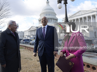 US Senator Bob Menendez(D-NJ)(left) alongside Congresswoman Alexandria Ocasio Cortez(D-NY)(right) and Senator Cory Booker(D-NJ)(center) talk...