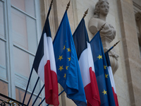 The French and European flag at the Elysee Palace during the summit between Emmanuel Macron and Guinea Bissau President Umaro Sissoco Embalo...