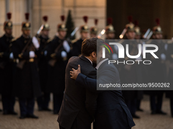 French President Emmanuel Macron at the Elysee Palace welcomes President Umaro Sissoco Embalo of Guinea Bissau, in Paris, 26 January 2023. (