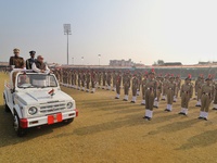 Jaipur : Rajasthan Governor  Kalraj Mishra inspecting the parade during the 74th Republic Day celebration at SMS Stadium, in Jaipur, Rajasth...