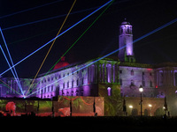 A laser show over Raisina hills, the government seat of power, on the occasion of India's 74th Republic Day celebrations in New Delhi on Jan...