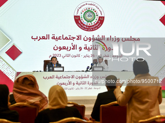 Tareq Al Nabulsi, (L) Technical Secretariat of Arab Social Ministerial Council and Ghanem bin Mubarak al-Kuwari, (R) Assistant Undersecretar...