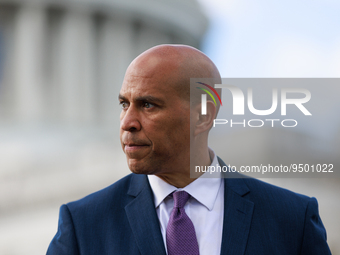 U.S. Senator Cory Booker (D-NJ) speaks about border policies outside of the U.S. Capitol in Washington, D.C. on January 26, 2023. (