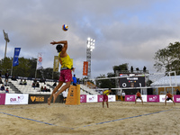 Vitor Gonalves Felipe (L) and  Renato Andrew Lima de Carvalho of Brazil action during the men's Volleyball World Beach Pro Tour Finals again...