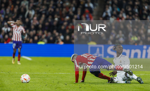 Angel Correa of Atletico de Madrid in action with Eduardo Camavinga of Real Madrid during the Copa del Rey match between Real Madrid and Atl...