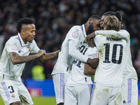 Rodrygo of Real Madrid celebrate a goal during the Copa del Rey match between Real Madrid and Atletico de Madrid at Estadio Santiago Bernabe...