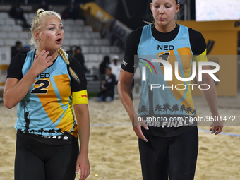 Katja Stam (R) and Raisa Schoon (L) of Netherlands react during the women's Volleyball World Beach Pro Tour Finals against Tanja Huberli  an...