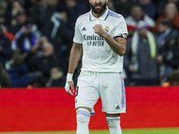 Karim Benzema of Real Madrid celebrate a goal during the Copa del Rey match between Real Madrid and Atletico de Madrid at Estadio Santiago B...
