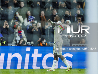 Vinicius Junior celebrate a goal during the Copa del Rey match between Real Madrid and Atletico de Madrid at Estadio Santiago Bernabeu in Ma...
