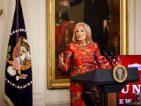 First Lady Dr. Jill Biden speaks at a reception celebrating the Lunar New Year at the White House.  The event celebrated the holiday importa...