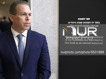  Gilad Erdan, Permanent Representative of Israel to the United Nations poses at the “Yad Vashem Book of Names of Holocaust Victims” exhibit...