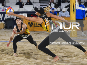 Kristen Nuss	and (L) and Taryn Kloth (R) of United States action during the women's Volleyball World Beach Pro Tour Finals against Eduarda S...