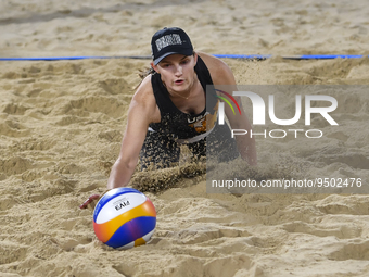 Kristen Nuss	 of United States action during the women's Volleyball World Beach Pro Tour Finals against Eduarda Santos Lisboa and  Ana Patri...