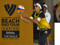 Eduarda Santos Lisboa of Brazil action during the women's Volleyball World Beach Pro Tour Finals against Kristen Nuss and and Taryn Kloth of...