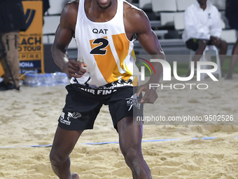 Ahmed Tijanof Qatar react during the men's Volleyball World Beach Pro Tour Finals against Esteban Grimalt  and Marco Grimalt of Chile at Asp...