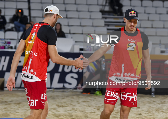 Anders Berntsen Mol (L) and Christian Sandlie Sorum (R) of Norway react during the men's Volleyball World Beach Pro Tour Finals against Ondr...