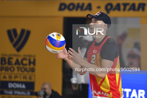 Anders Berntsen Mol of Norway action during the men's Volleyball World Beach Pro Tour Finals against Ondrej Perusic and David Schweiner of C...