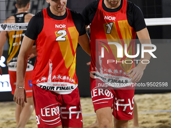 Anders Berntsen Mol (R) and Christian Sandlie Sorum (L) of Norway react during the men's Volleyball World Beach Pro Tour Finals against Ondr...