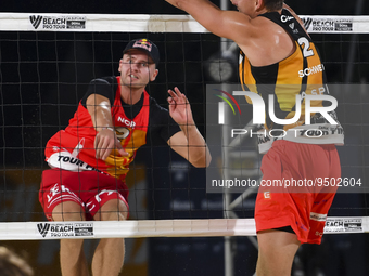 Christian Sandlie Sorum (L) of Norway  action during the men's Volleyball World Beach Pro Tour Finals against Ondrej Perusic and David Schwe...