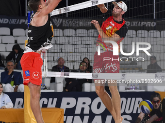 Anders Berntsen Mol (R) of Norway action during the men's Volleyball World Beach Pro Tour Finals against Ondrej Perusic and David Schweiner...