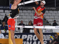 Anders Berntsen Mol (R) of Norway action during the men's Volleyball World Beach Pro Tour Finals against Ondrej Perusic and David Schweiner...