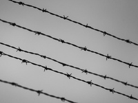 (EDITOR'S NOTE: Image was converted to black and white) Barb wired fence at the former Nazi German Auschwitz I concentration camp at Auschwi...