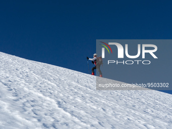 A young man cross-country skis off the slopes of the ski and mountain resort of Alto Campoo or Branavieja, which is located in the municipal...