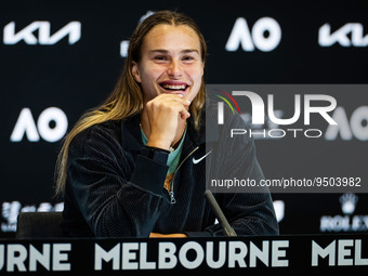 Aryna Sabalenka of Belarus after the semi-final against Magda Linette of Poland at the 2023 Australian Open, Grand Slam tennis tournament on...
