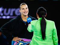 Aryna Sabalenka of Belarus after the semi-final against Magda Linette of Poland at the 2023 Australian Open, Grand Slam tennis tournament on...
