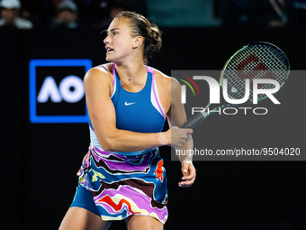 Aryna Sabalenka of Belarus in action against Magda Linette of Poland during the semi-final of the 2023 Australian Open, Grand Slam tennis to...