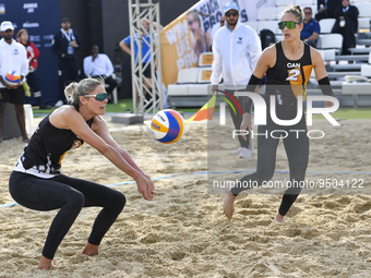 Sarah Pavan (L) and  Sophie Bukovec (R) of Canada action during the women's Volleyball World Beach Pro Tour Finals against  Eduarda Santos L...